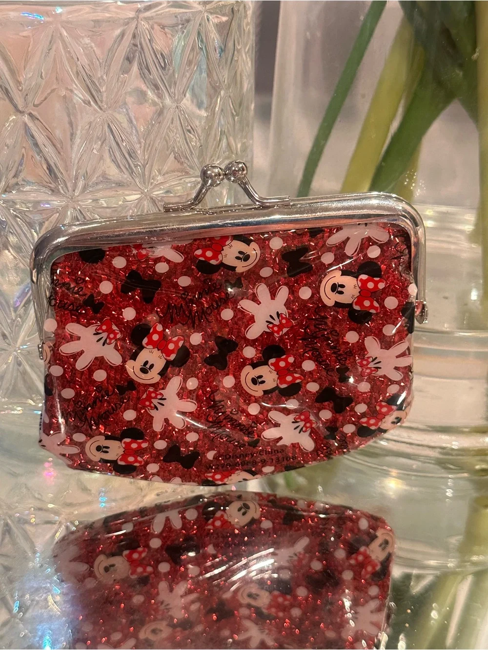 Disney Minnie Mouse Red Glitter Kiss-Lock Coin Purse Y2K Sparkle Wallet Vintage